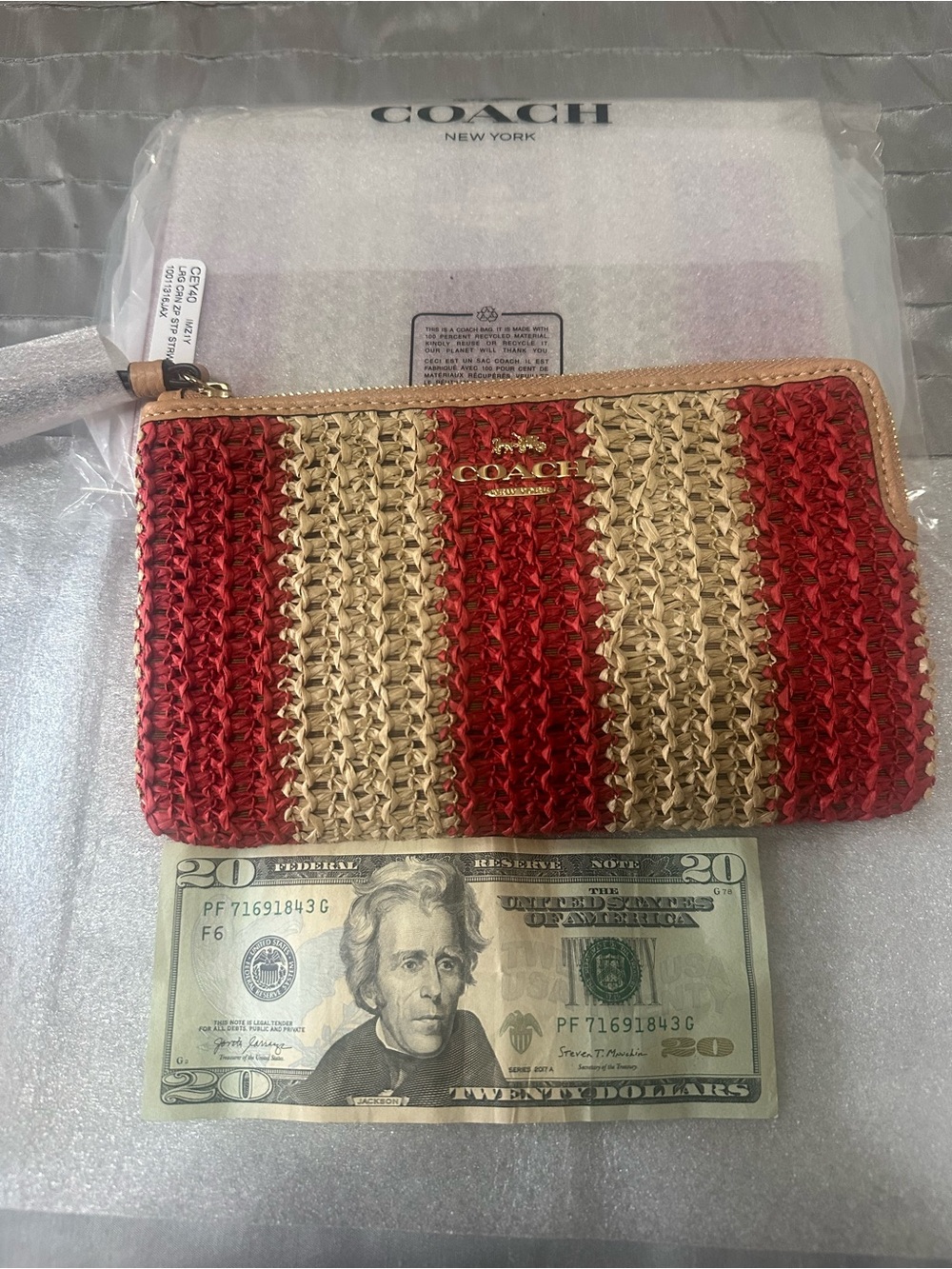 COACH Red & Natural Straw Stripe Zip Pouch